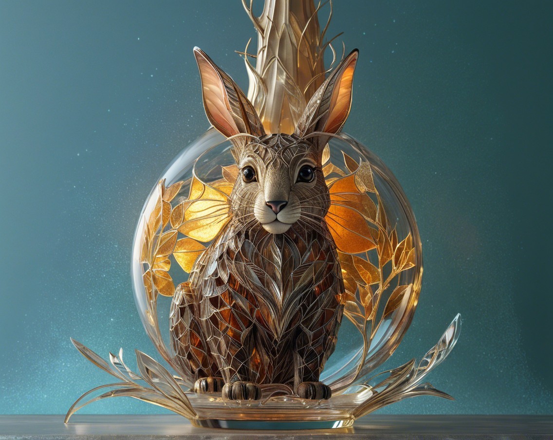 Elegant Rabbit Sculpture Under Glass Dome with Floral Design