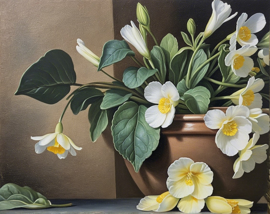 Still Life of Clay Pot with White Flowers and Leaves