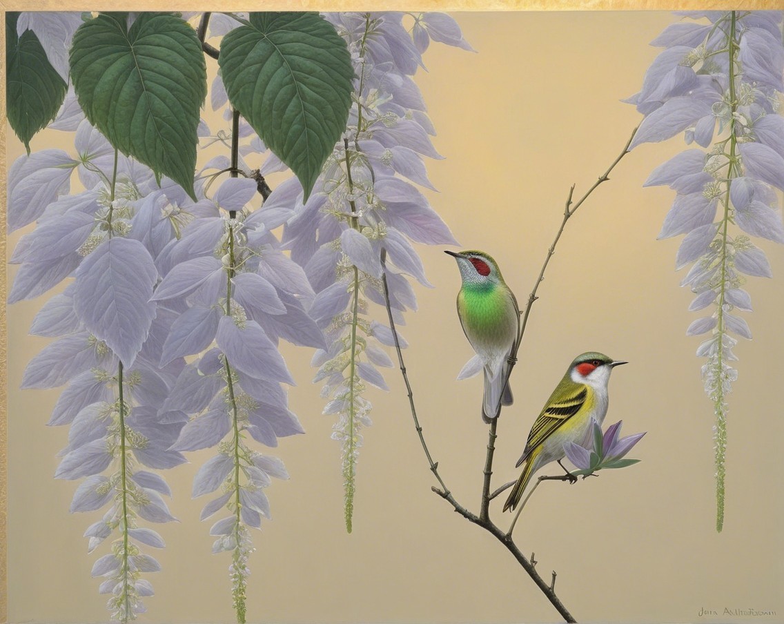Colorful Birds Among Wisteria Blooms Illustration