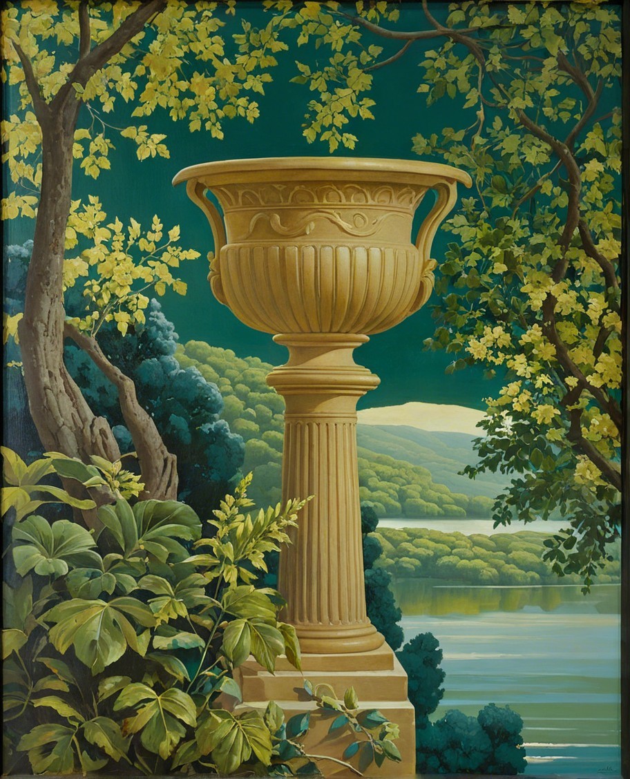 Golden Urn on Fluted Pedestal in Natural Landscape