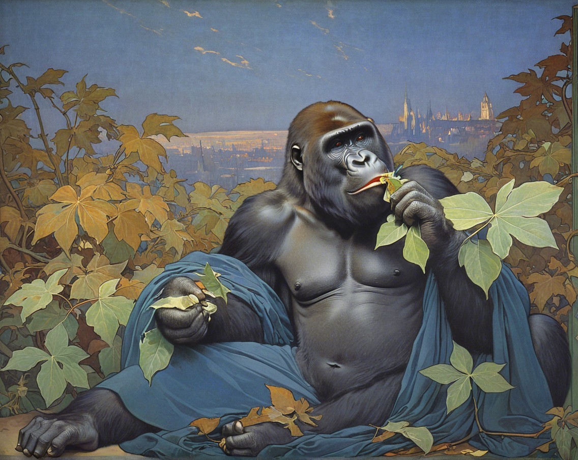 Gorilla Surrounded by Vines with City Skyline Background