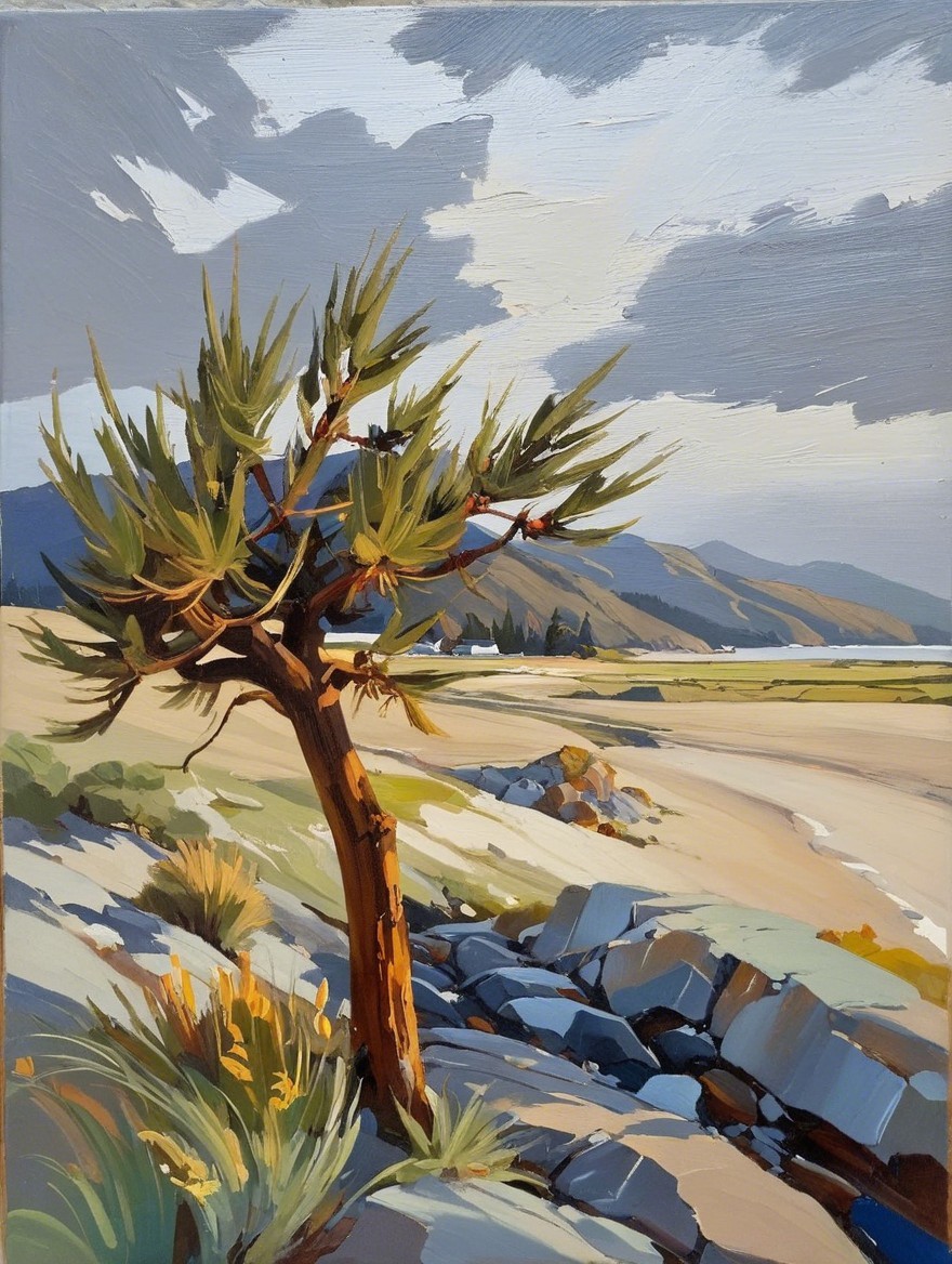 Solitary Tree in Serene Landscape with Muted Colors