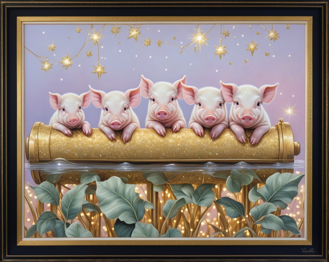 Playful Piglets on a Golden Log Under Starry Sky