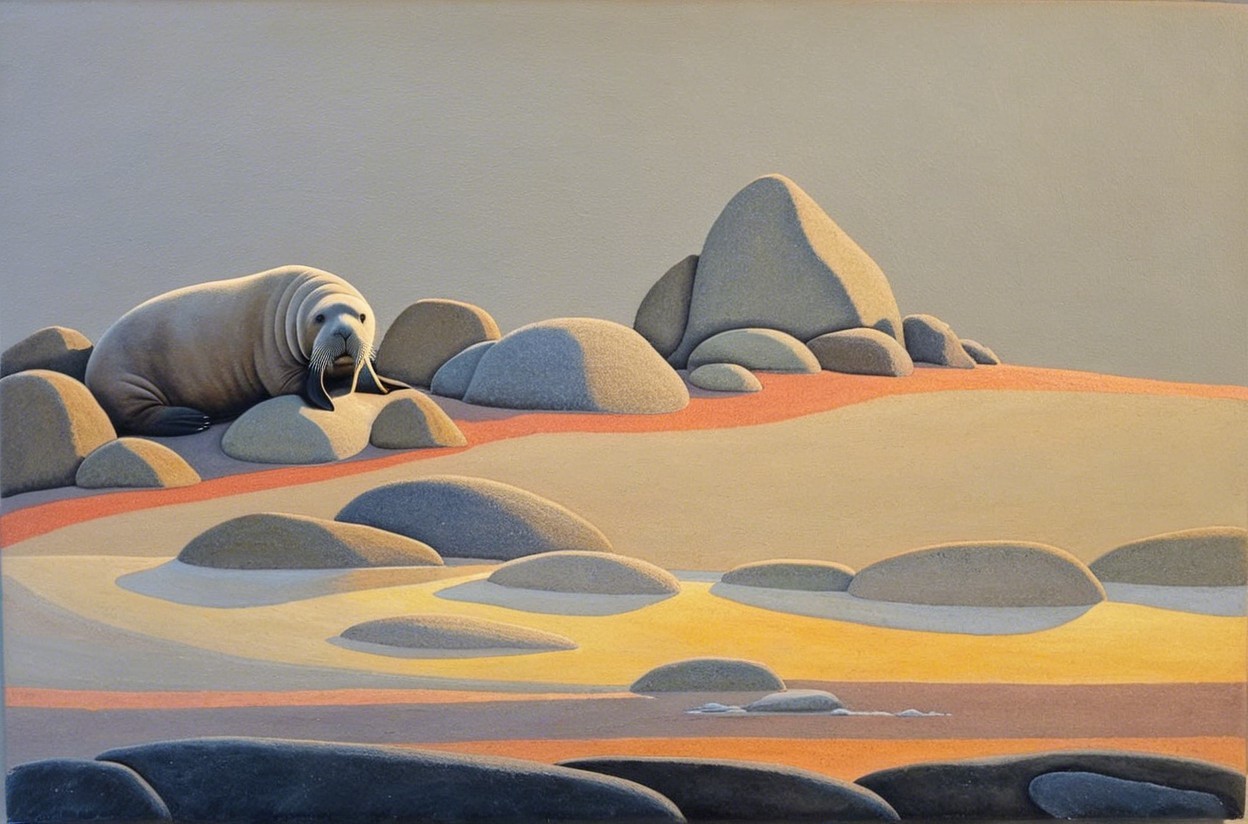 Serene Landscape with Stylized Walrus on Boulders