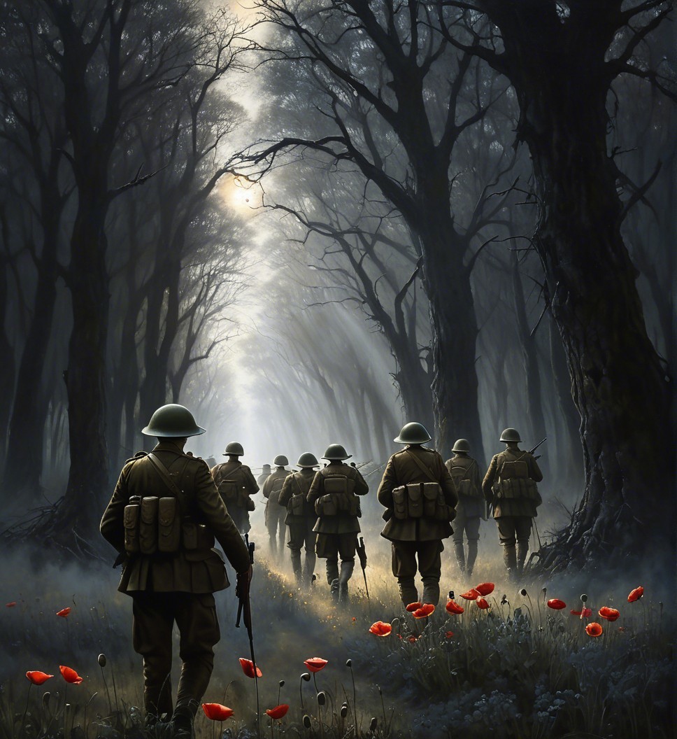 Soldiers Marching Through a Misty Forest Path