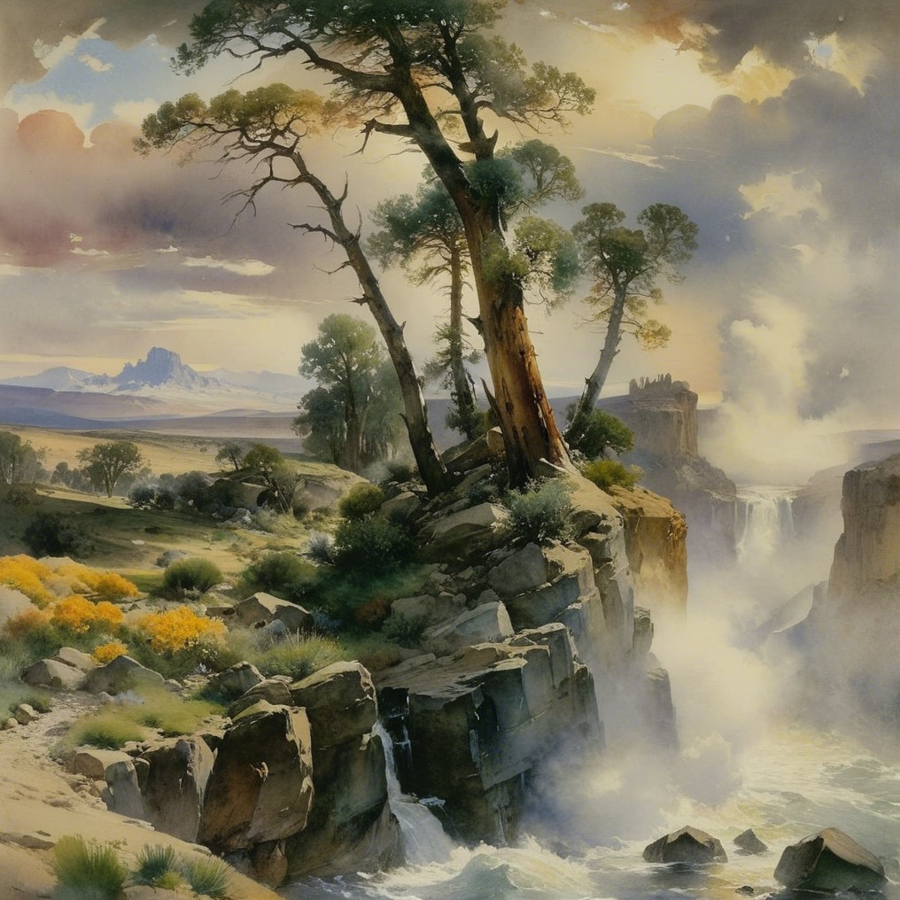 Towering Trees and Waterfall in Scenic Landscape