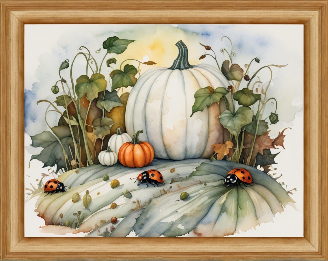 Watercolor Illustration of Pumpkins and Ladybugs