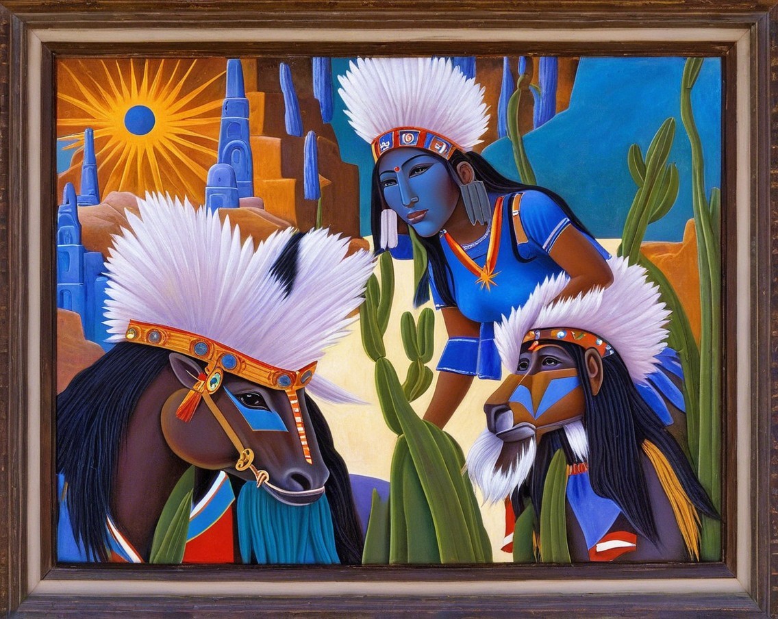 Vibrant Painting of Horses in Desert Landscape
