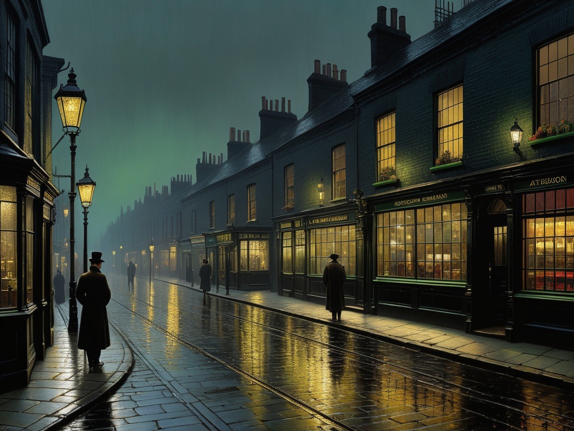 Victorian Era Street Scene with Gas Lamps and Townhouses