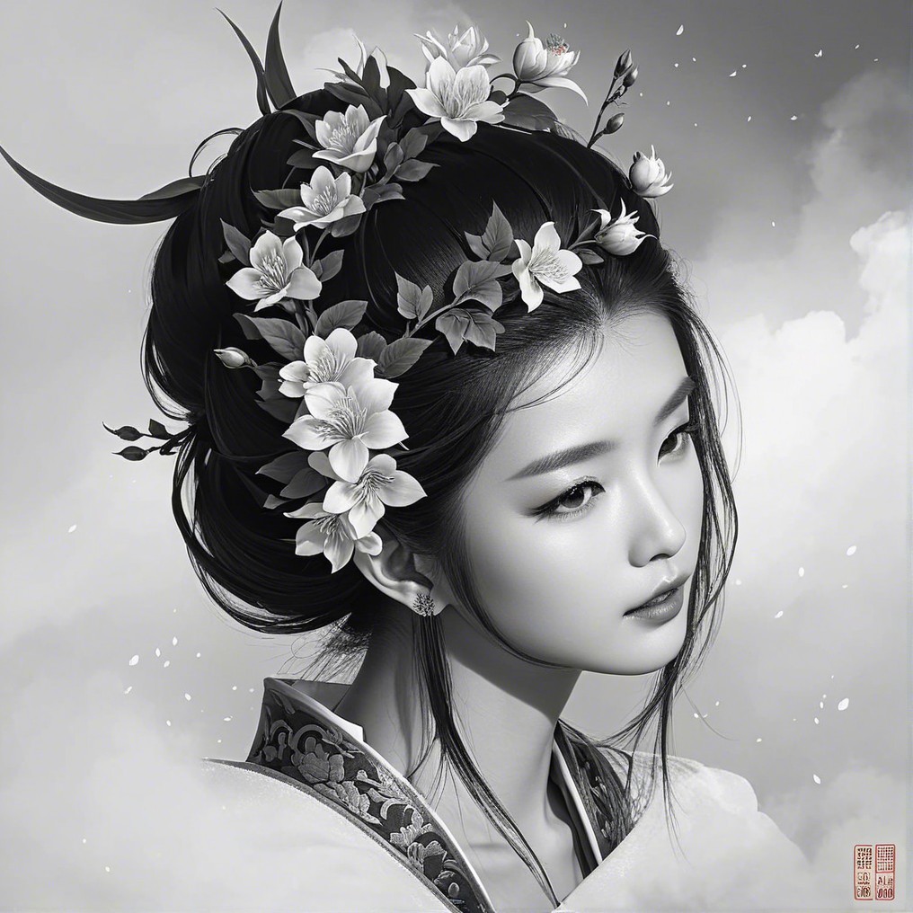 Monochrome Portrait of a Woman with Floral Hairpieces