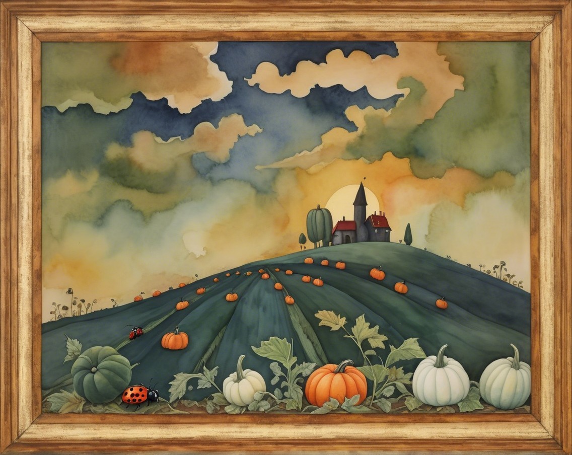 Autumn Landscape with Pumpkins and Quaint Farmhouse