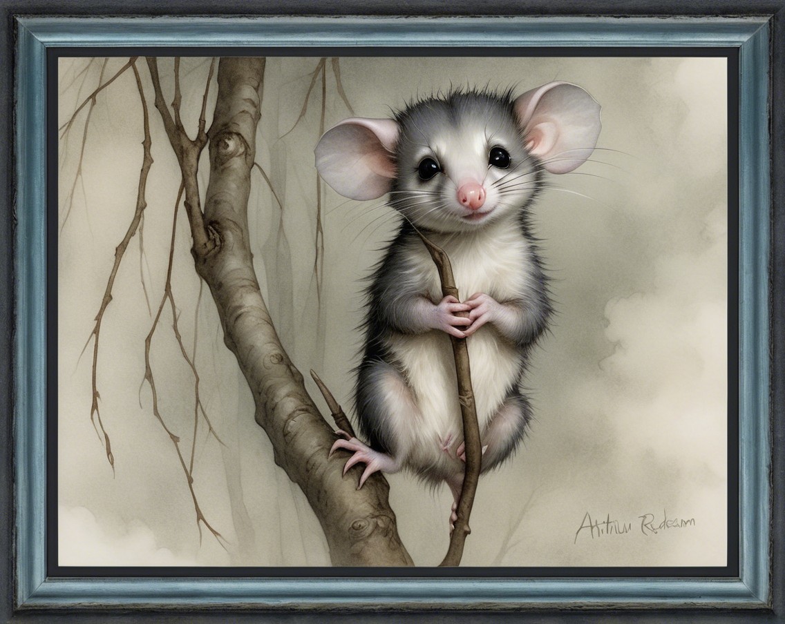 Cartoonish Creature on Branch with Dreamy Background