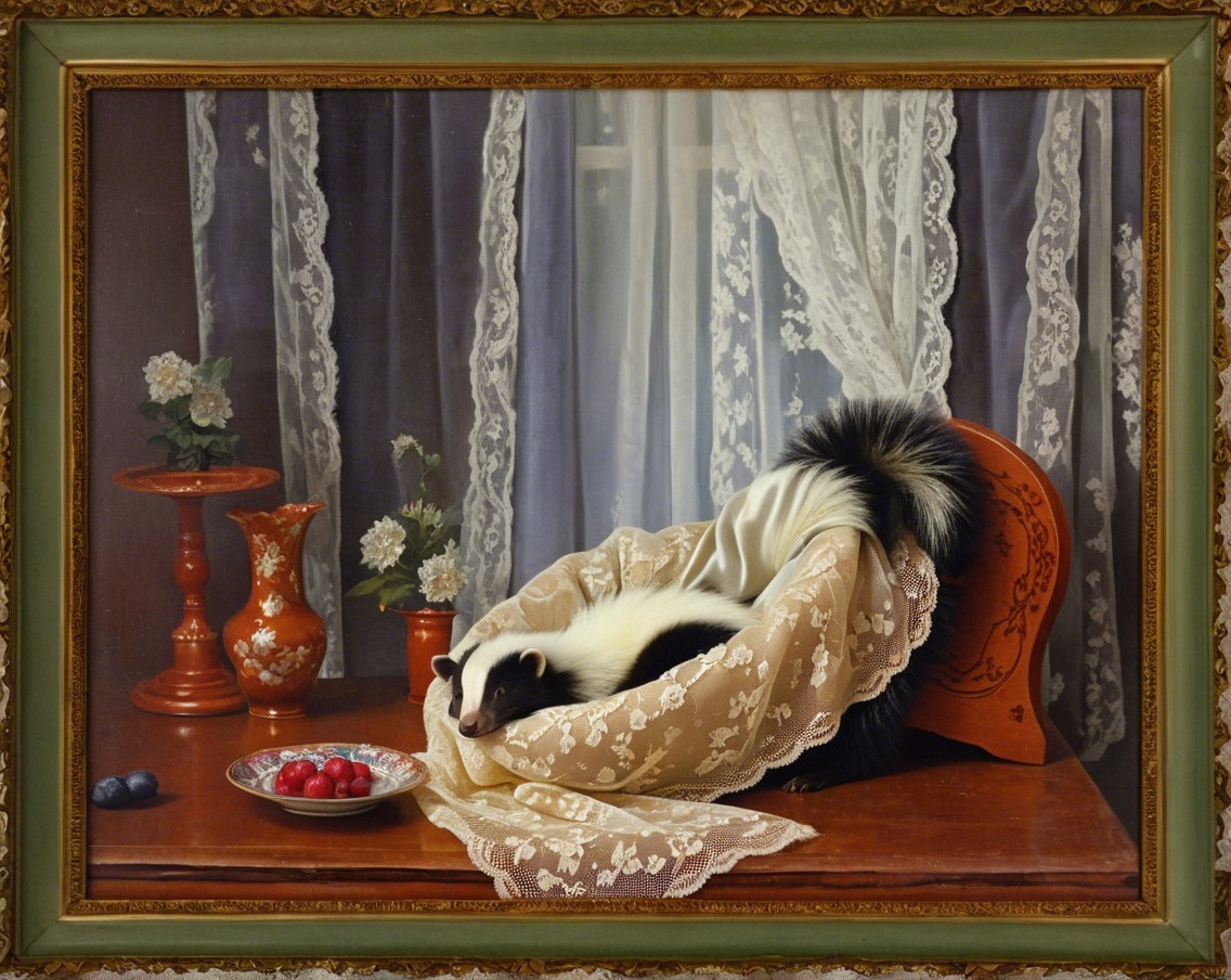 Still-Life Scene with Skunk, Lace, and Flowers