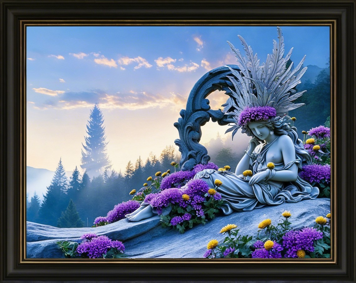 Statue of a woman in a flower-filled misty landscape