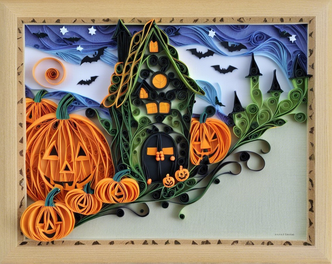 Vibrant Quilled Artwork of a Haunted House Scene