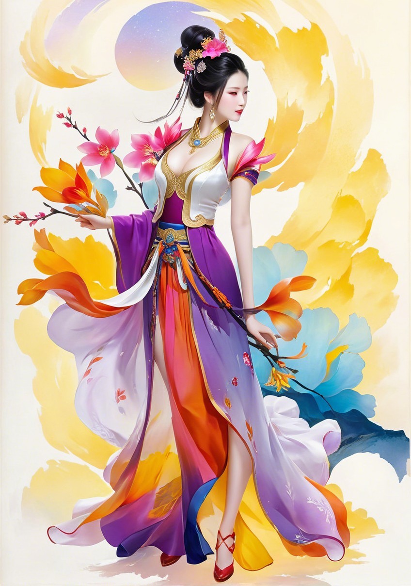 Colorful Gown and Decorative Umbrella in Pastel Setting