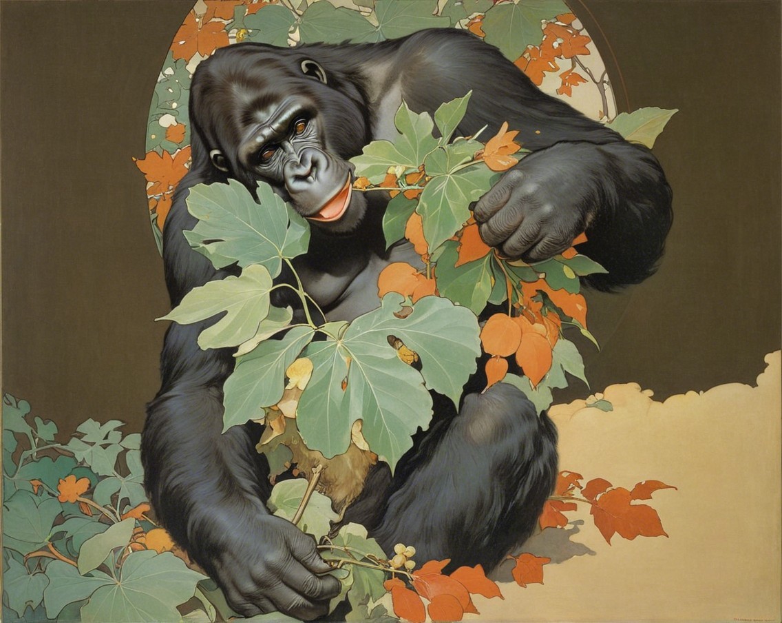 Stylized Gorilla Surrounded by Colorful Leaves