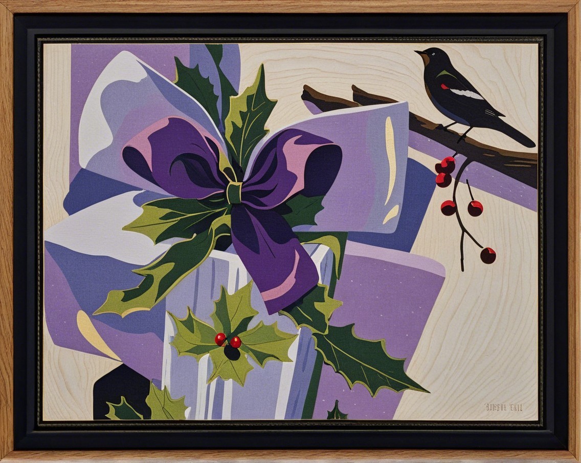 Purple Bow Gift with Holly and Bird in Festive Scene