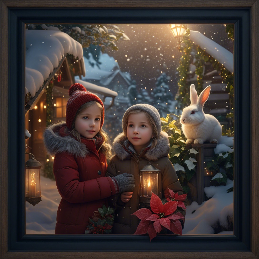 Children in Winter Jackets with Lantern in Snowy Village