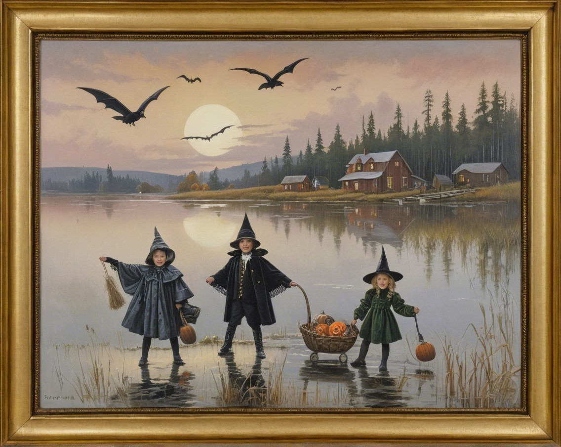 Children in Witch Costumes by a Twilight Lake