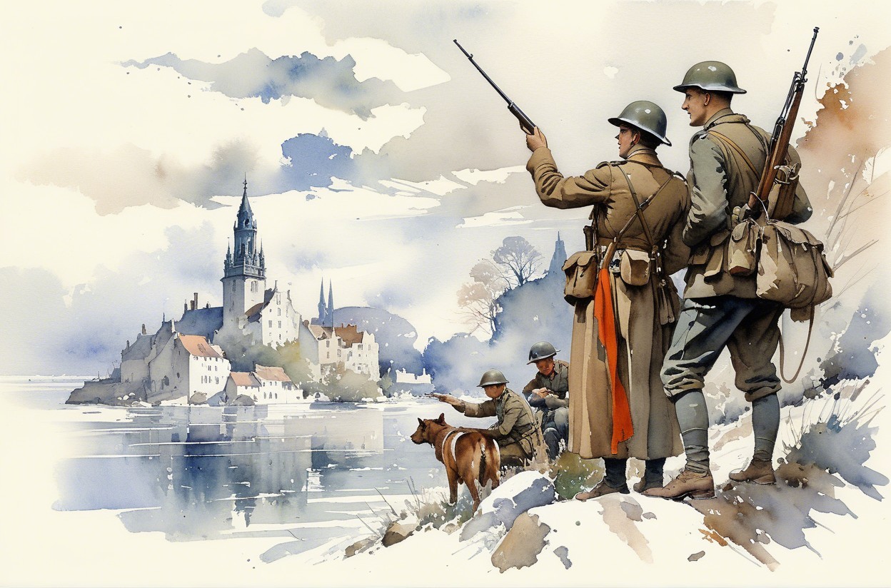 Soldiers in Period Uniforms by a River Landscape