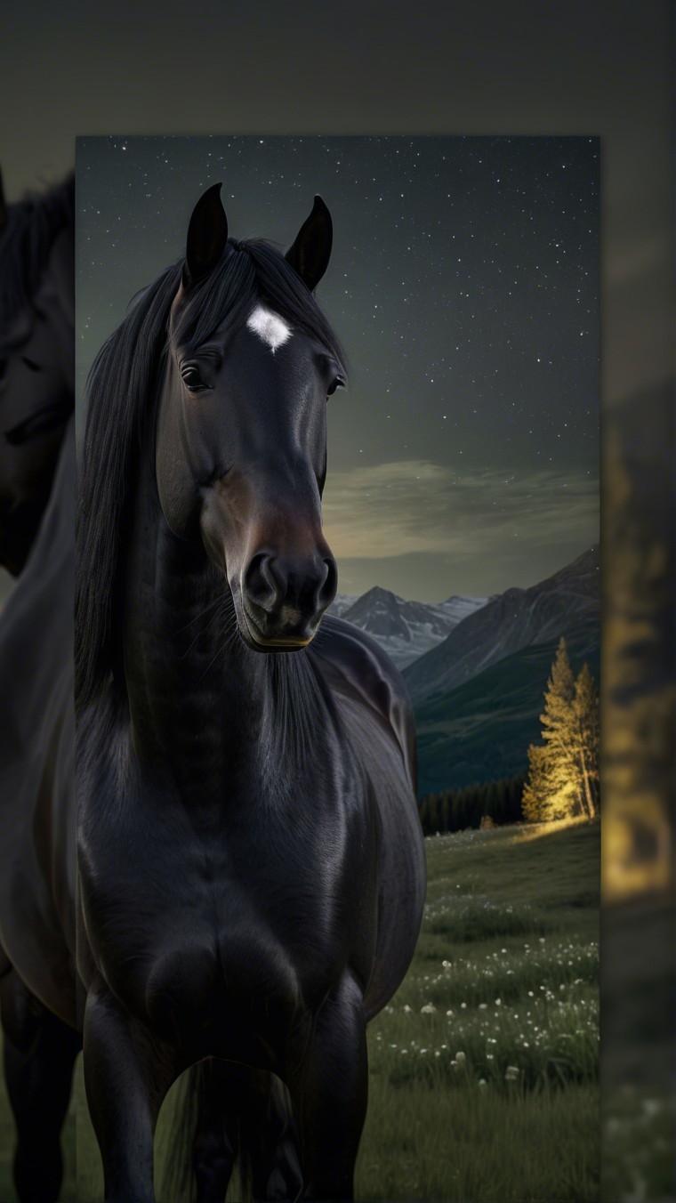 Black Horse in Serene Night Landscape with Mountains