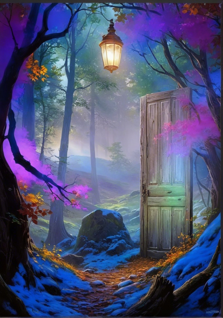 Mystical Forest with Ajar Wooden Door and Lantern