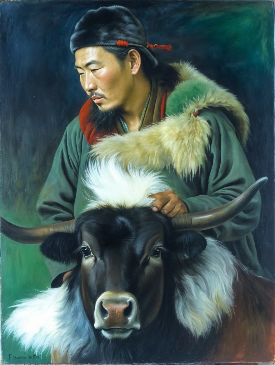Contemplative Man in Traditional Attire with Yak