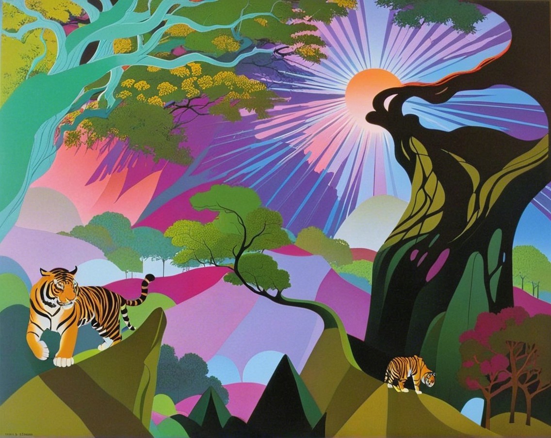 Vibrant Abstract Landscape with Tigers and Sunburst