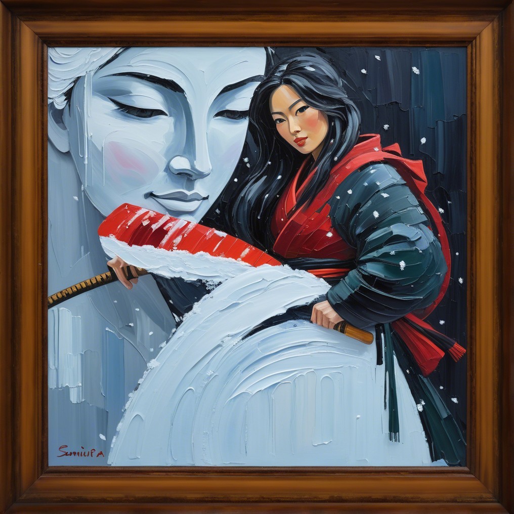 Oil Painting of Woman in Red Kimono with Blue Face