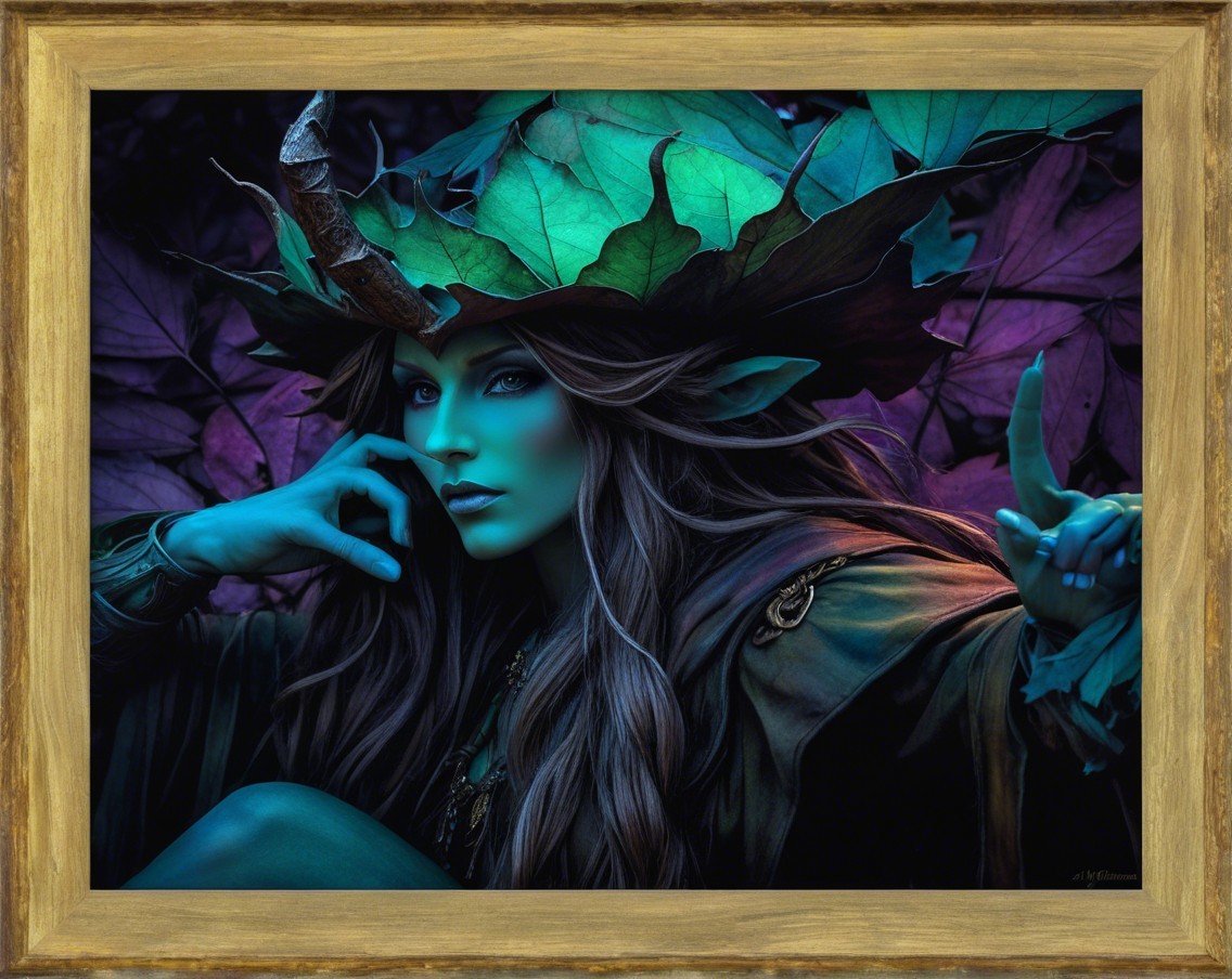 Mystical Figure with Turquoise Skin and Leaf Adornments