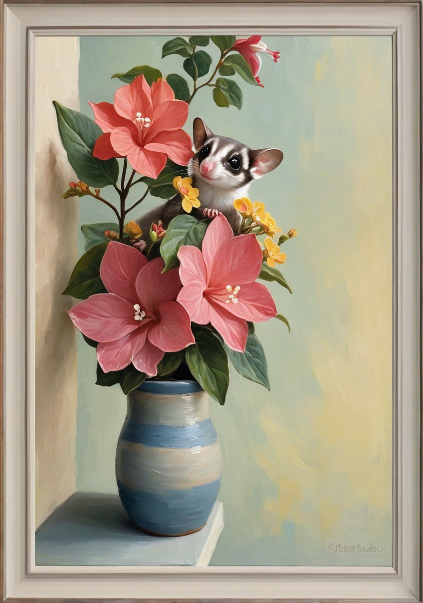 Painting of a Sugar Glider Among Pink Flowers