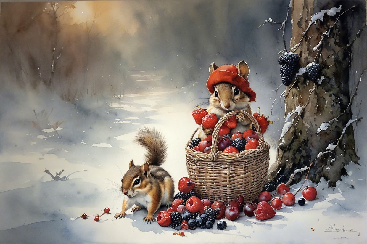 Chipmunks in Snowy Forest with Berries and Basket