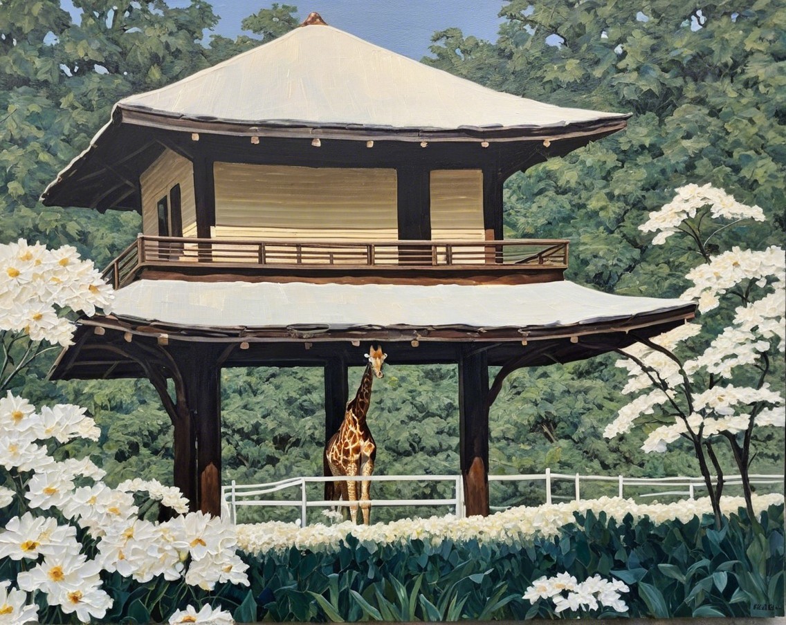 Traditional Pavilion Amidst Lush Greenery and Flowers