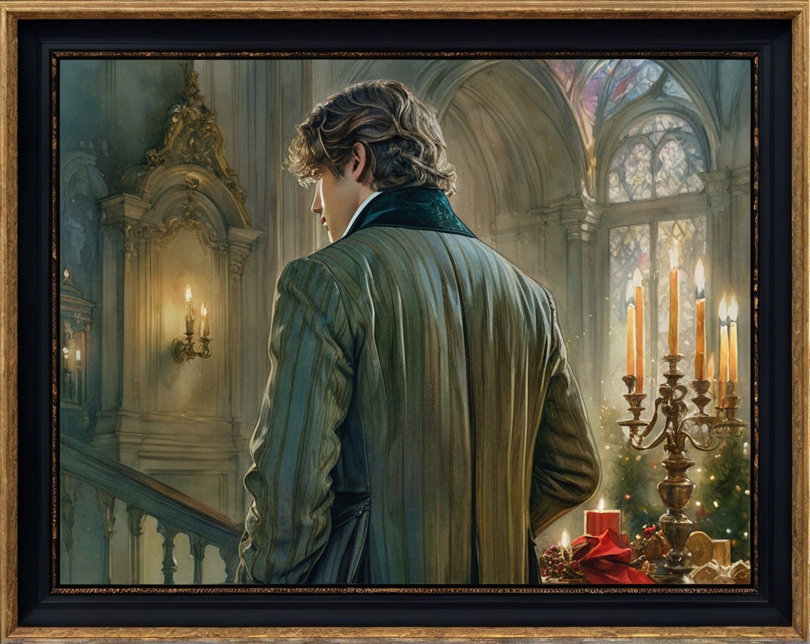 Elegant Man in Festive Candlelit Room with Tree