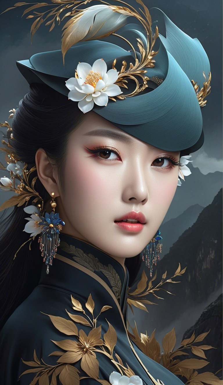 Portrait of a Young Woman in Teal Hat and Elegant Outfit