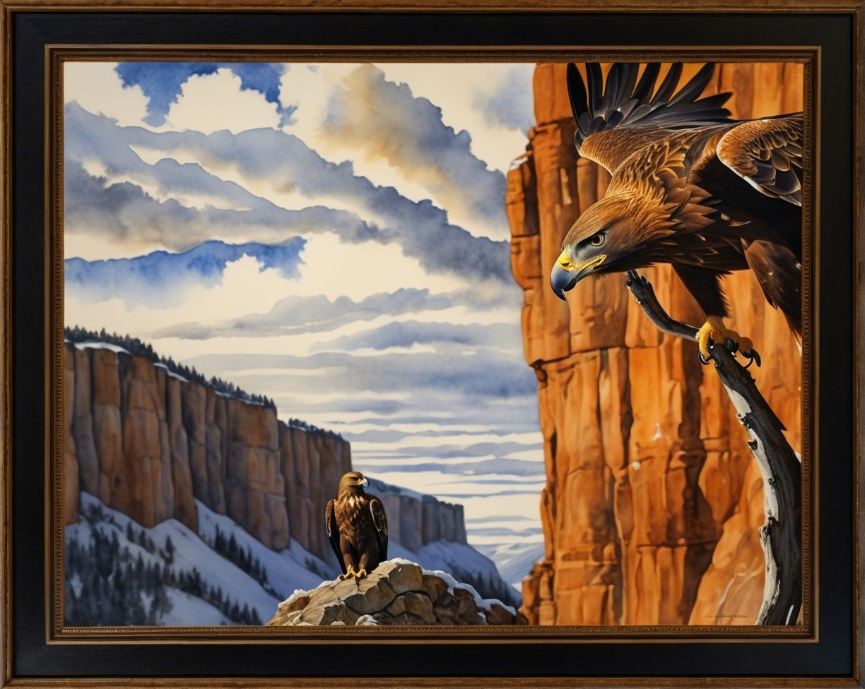 Watercolor Painting of Golden Eagles in Mountain Landscape