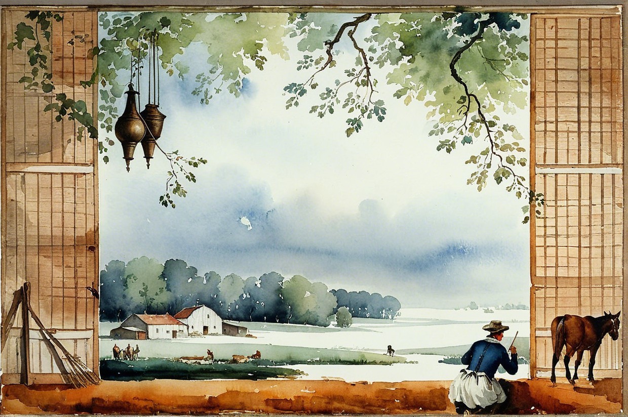 Serene Rural Landscape with Farmer and Horse