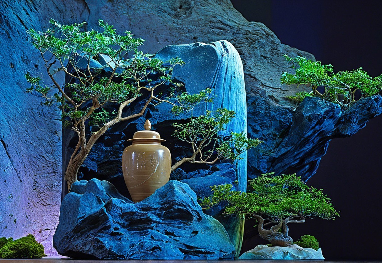 Ceramic Urn Surrounded by Sculptural Rock Formations