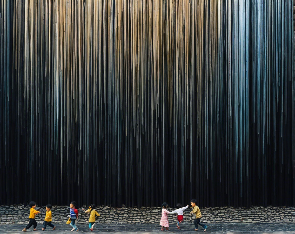 Children Playing on Textured Stone with Metal Backdrop