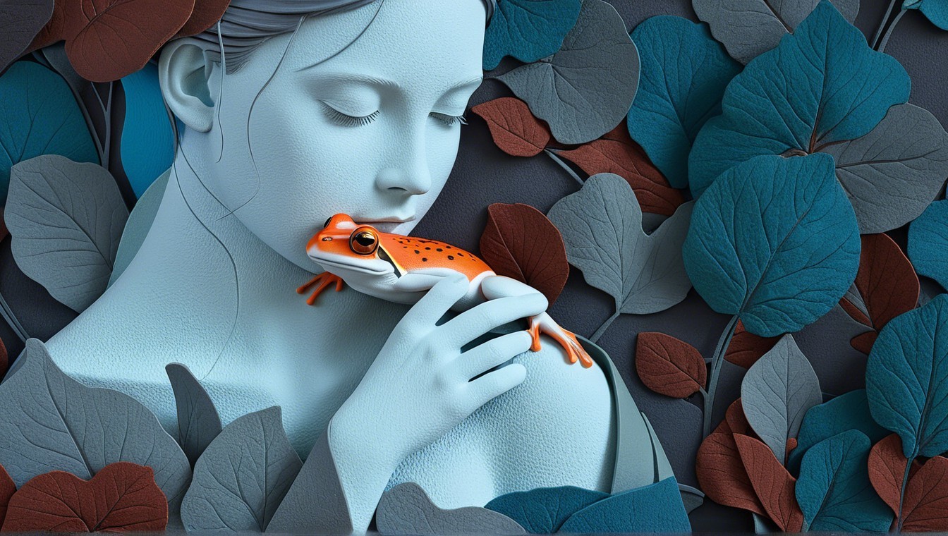 Serene depiction of a woman with an orange-spotted frog