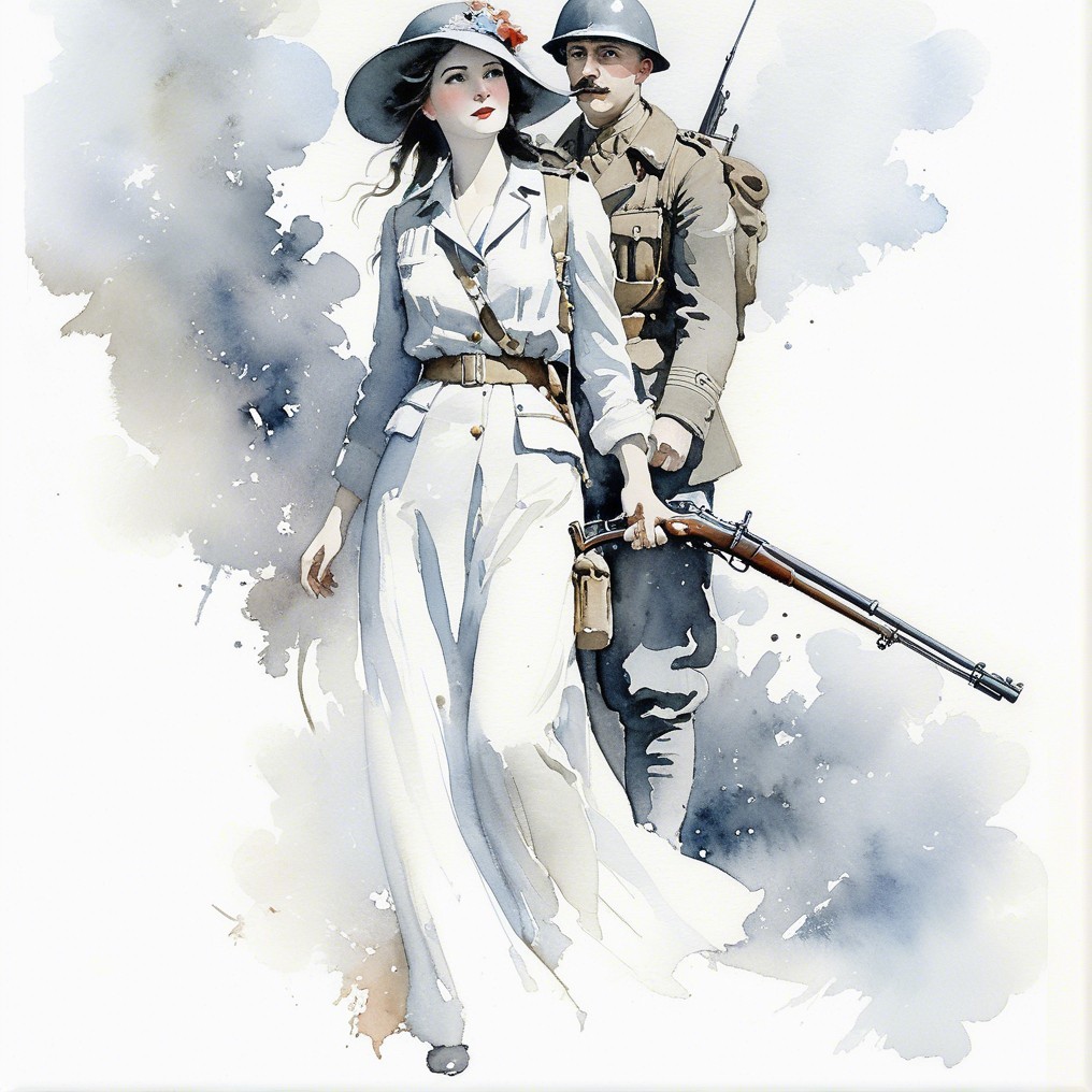 Watercolor Illustration of Soldier and Elegant Woman