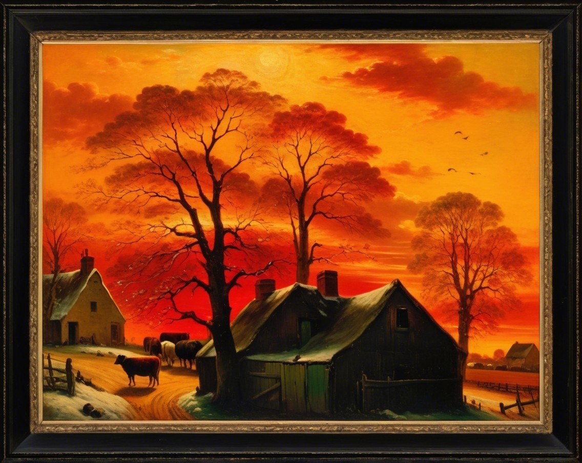 Rural Landscape at Sunset with Cows and Farmhouses