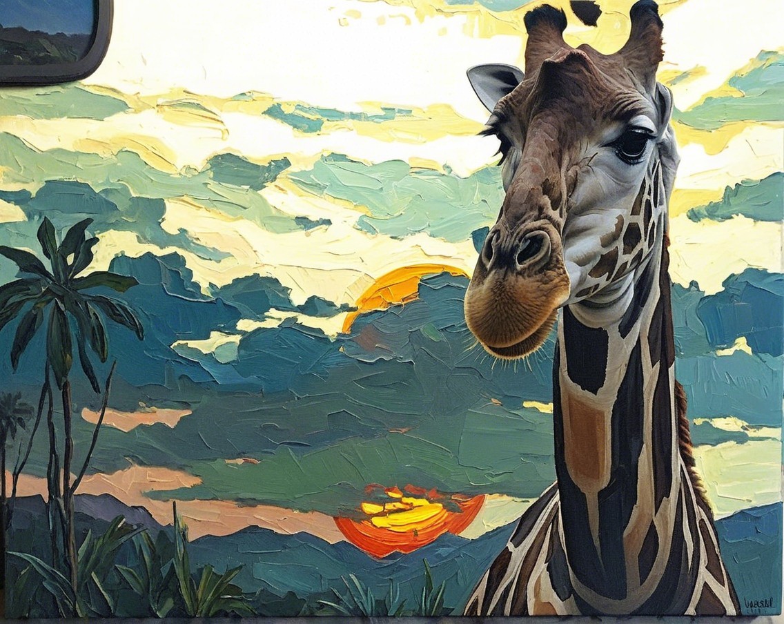 Giraffe Against Vibrant Sunset with Palm Trees