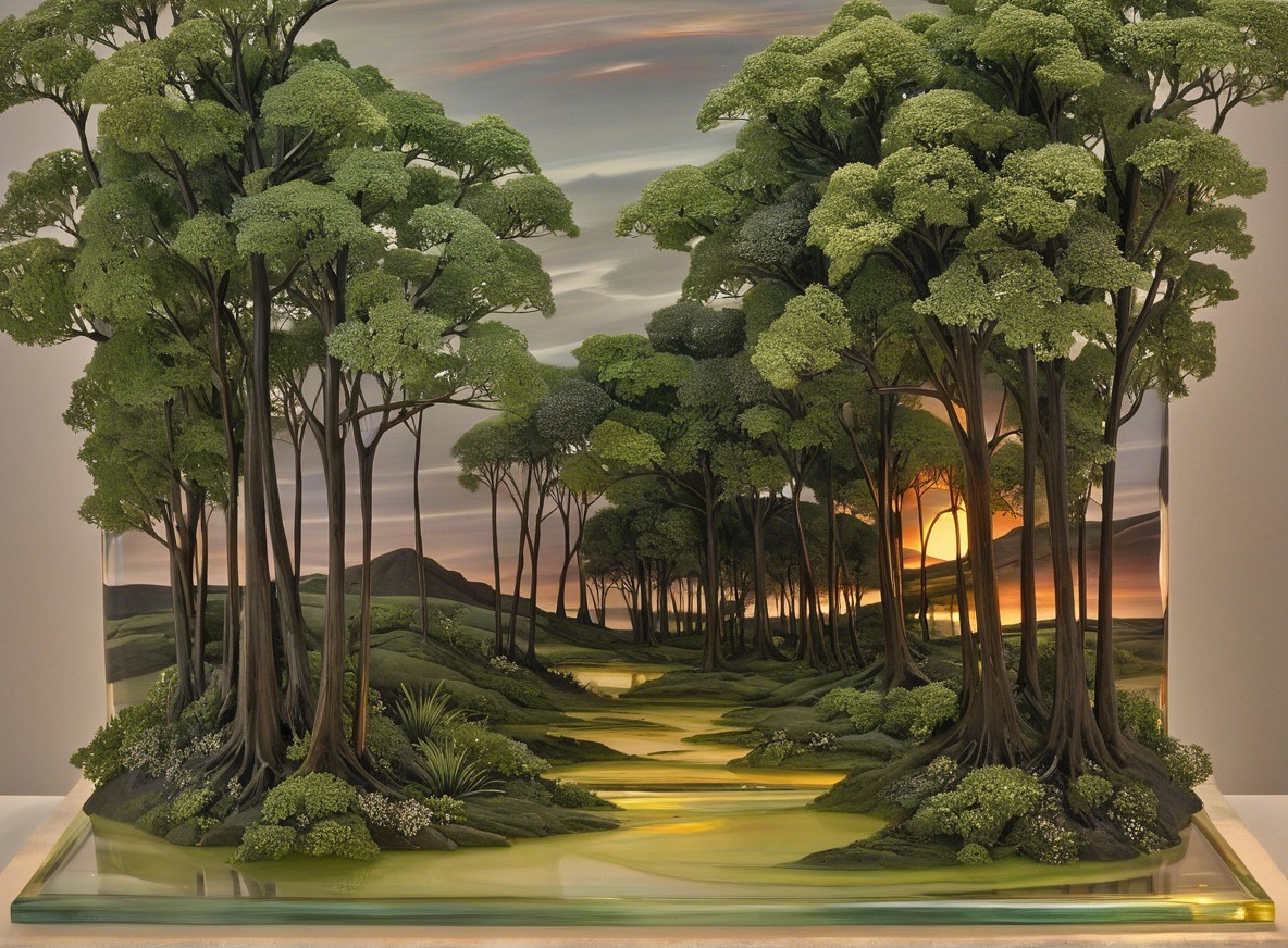 Vibrant Landscape Art with River and Sunlit Hills