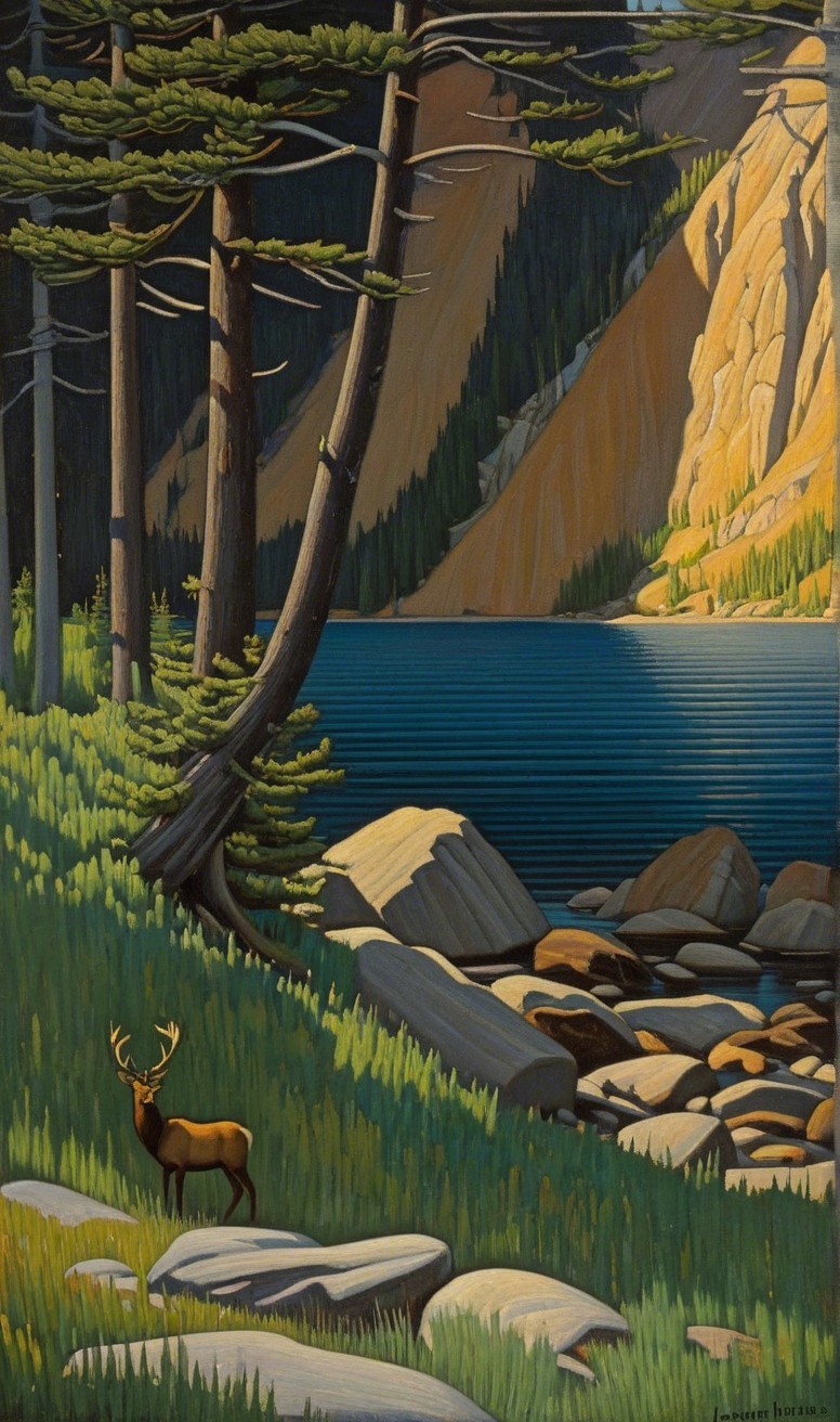 Serene Landscape with Stag by Tranquil Lake