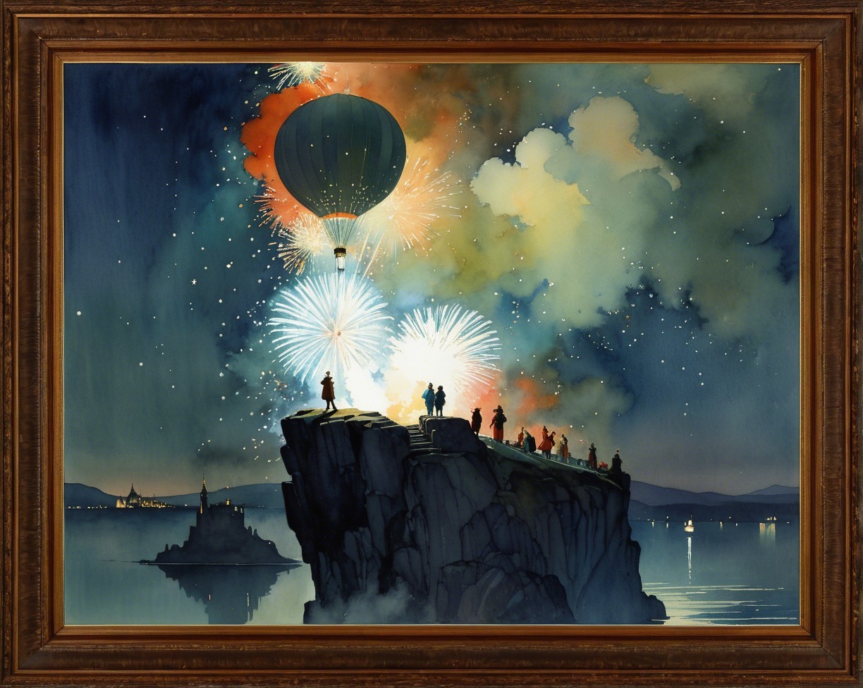 Watercolor Nighttime Landscape with Hot Air Balloon and Fireworks