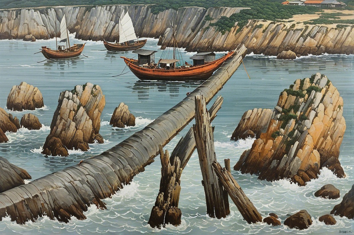 Coastal Scene with Cliffs, Boats, and Greenery