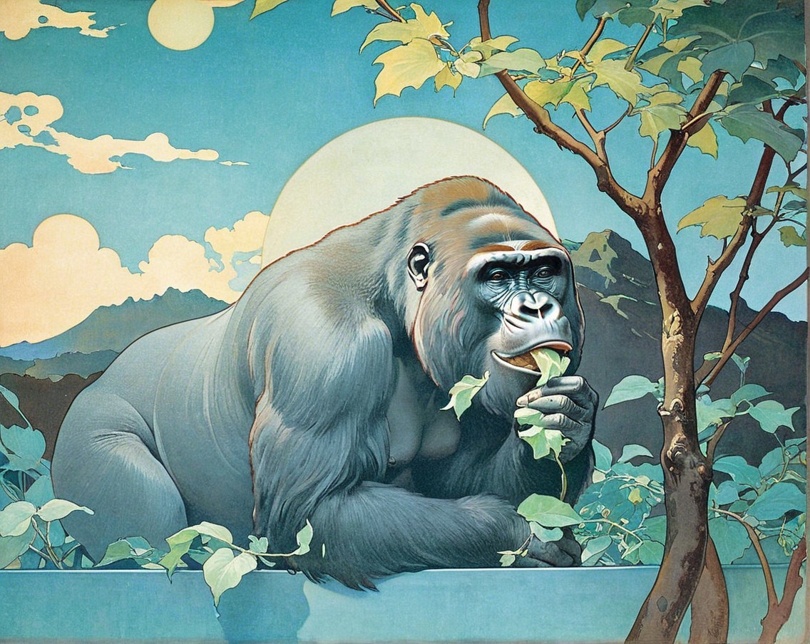 Stylized gorilla in lush foliage with serene expression