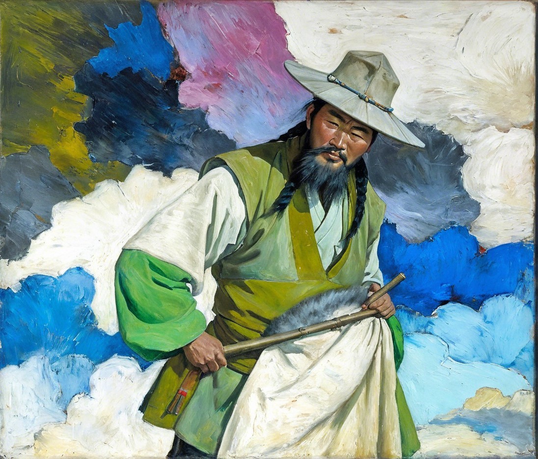 Traditional Figure with Tool Against Colorful Clouds